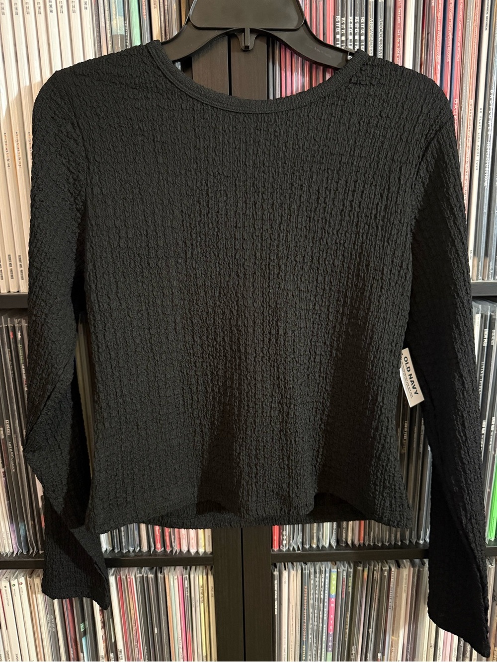Old Navy Black Textured Long Sleeve Crewneck Top
